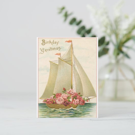 Gefeliciteerd Verjaardag Oude Zeilboot Vol Rozen Briefkaart (Staand voorkant)