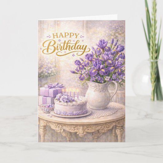 Gefeliciteerd Verjaardag Paarse Iris Cottage Still Kaart (Voorkant)