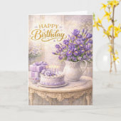 Gefeliciteerd Verjaardag Paarse Iris Cottage Still Kaart (Gele Bloem)
