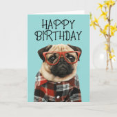 Gefeliciteerd verjaardag | Plaid Shirt Pug Kaart (Gele Bloem)