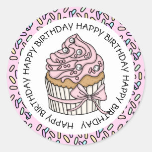 Gefeliciteerd Verjaardag Roze en Vanille Cupcake Ronde Sticker