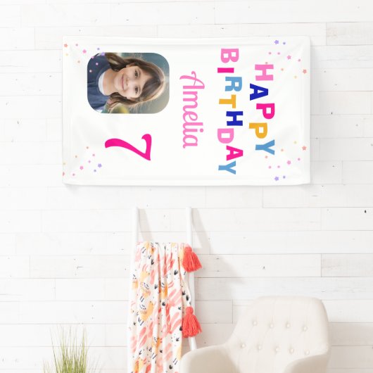 Gefeliciteerd Verjaardag Roze Sterren Meisje Foto  Spandoek (Insitu)