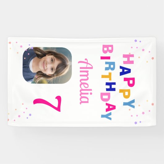 Gefeliciteerd Verjaardag Roze Sterren Meisje Foto  Spandoek (Horizontaal)