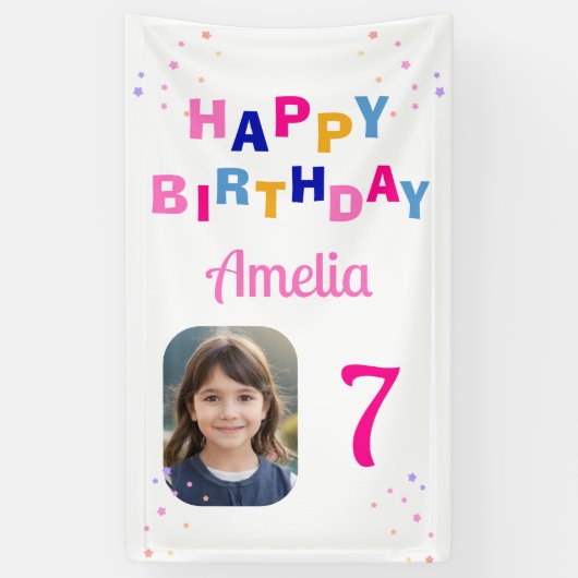 Gefeliciteerd Verjaardag Roze Sterren Meisje Foto  Spandoek (Verticaal)
