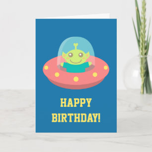 Gefeliciteerd verjaardag, schattige alien in ruimt kaart