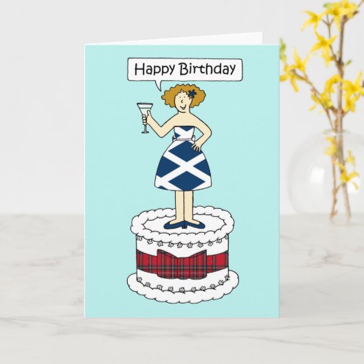 Gefeliciteerd Verjaardag Schotse Vlag Jurk en Tart Kaart (Gele Bloem)