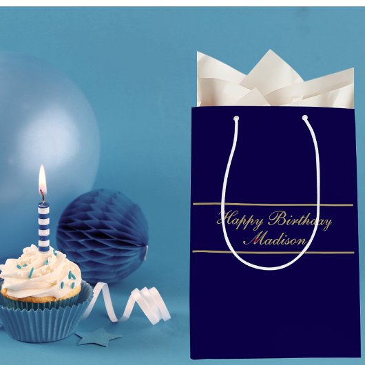 Gefeliciteerd Verjaardag Script Naam Blauw Goud Medium Cadeauzakje