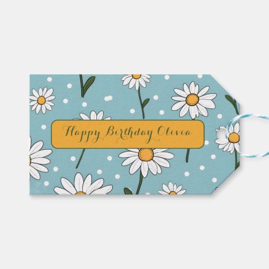 Gefeliciteerd Verjaardag Turquoise Cute Daisy Bloe Cadeaulabel (Voorkant (Horizontaal))