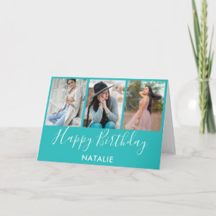 Gefeliciteerd Verjaardag Turquoise en Wit 3 Foto C Kaart