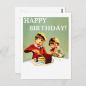 Gefeliciteerd verjaardag, twee kinderen eten taart briefkaart (Voorkant / Achterkant)