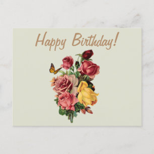 Gefeliciteerd Verjaardag Vintage Rozen en Vlinder  Briefkaart