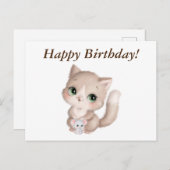 Gefeliciteerd Verjaardag Watercolor Kitten en Muis Briefkaart (Voorkant / Achterkant)