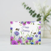 Gefeliciteerd Verjaardag Waterverf Paarse, Blauwe  Briefkaart (Staand voorkant)