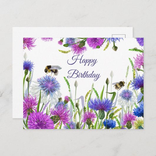 Gefeliciteerd Verjaardag Waterverf Paarse, Blauwe  Briefkaart (Voorkant / Achterkant)