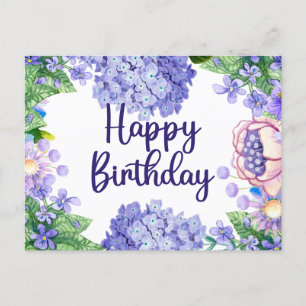 Gefeliciteerd Verjaardag Waterverf Paarse Bloemen Briefkaart