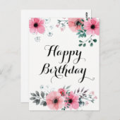 Gefeliciteerd Verjaardag Waterverf Roze Bloemen Briefkaart (Voorkant / Achterkant)