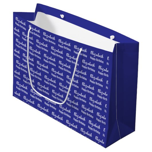 Gefeliciteerd Verjaardag Witte Script Naam Blauw Groot Cadeauzakje (Voorkant Gekanteld)