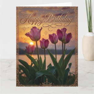 Gefeliciteerd Verjaardag Zonsondergang Tulpen Groe Kaart