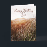 Gefeliciteerd Verjaardag Zoon - Rustieke Verjaarda Feestdagen Kaart<br><div class="desc">Aangepaste verjaardagskaart met rustieke zonsondergang foto en "Gefeliciteerd Verjaardag Zoon" in script typografie. Gekleurde binnenkant en achterkant. Ook beschikbaar voor directe download om gemakkelijk te delen met vrienden en familie.</div>
