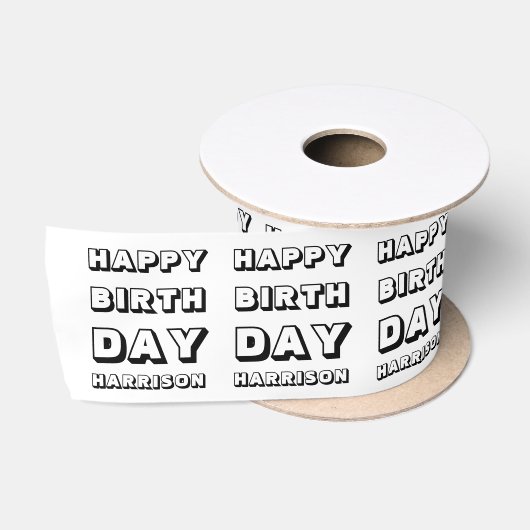 Gefeliciteerd verjaardag zwart wit aangepaste naam satijnen lint (Spoel)