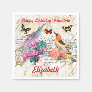 Gefeliciteerd, Vintage Vogels, Oude Bloemen Brieve Servet