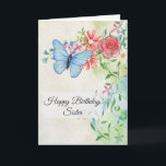 Gefeliciteerd, Vlinder en Bloemen Kaart<br><div class="desc">Deze mooie verjaardagskaart heeft een waterverf uitstraling. Links bovenaan is een mooie lichtblauwe vlinder te zien. Hij zweeft boven bloemen, waaronder een roze roos, madeliefjes en blauwe bloemen. Er zijn ook lichtgroene bladeren en mooie kronkelende ranken. Al de tekst kan worden aangepast. Andere verjaardagskaarten en cadeaus staan in mijn "Gefeliciteerd"-collectie....</div>