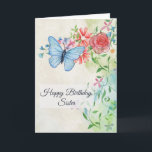 Gefeliciteerd, Vlinder en Bloemen Kaart<br><div class="desc">Deze mooie verjaardagskaart heeft een waterverf uitstraling. Links bovenaan is een mooie lichtblauwe vlinder te zien. Hij zweeft boven bloemen, waaronder een roze roos, madeliefjes en blauwe bloemen. Er zijn ook lichtgroene bladeren en mooie kronkelende ranken. Al de tekst kan worden aangepast. Andere verjaardagskaarten en cadeaus staan in mijn "Gefeliciteerd"-collectie....</div>