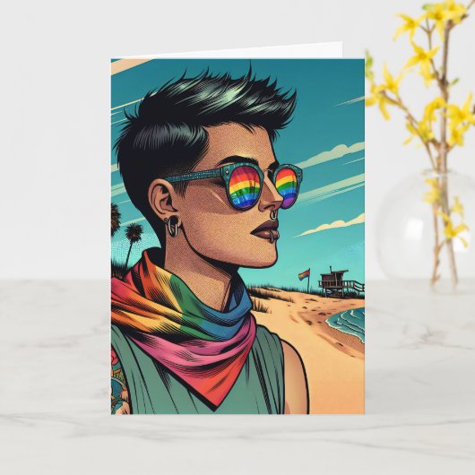 Gefeliciteerd | Vrouw met regenboog zonnebril Kaart (Gele Bloem)