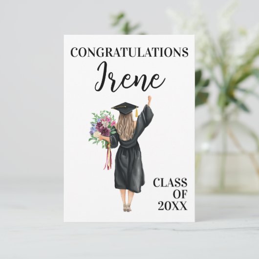 Gefeliciteerd Waterverf Afstuderen Meisje Bloemen (Staand voorkant)