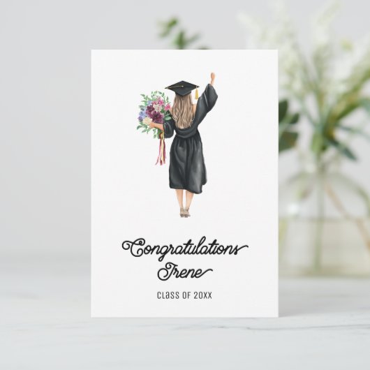 Gefeliciteerd Waterverf Afstuderen Meisje Bloemen (Staand voorkant)
