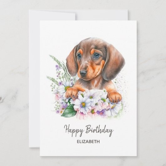 Gefeliciteerd | Waterverf Dachshund en Bloemen (Voorkant)