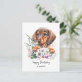 Gefeliciteerd | Waterverf Dachshund en Bloemen Briefkaart (Staand voorkant)