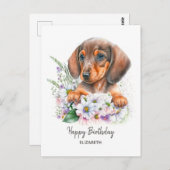 Gefeliciteerd | Waterverf Dachshund en Bloemen Briefkaart (Voorkant / Achterkant)