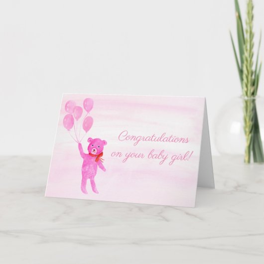 Gefeliciteerd Waterverf Pink Teddy Bear Girl Kaart (Voorkant)