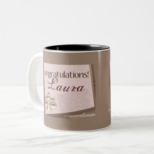 Gefeliciteerd Wetsschool Afstuderen Tweekleurige Koffiemok (Voorkant links)