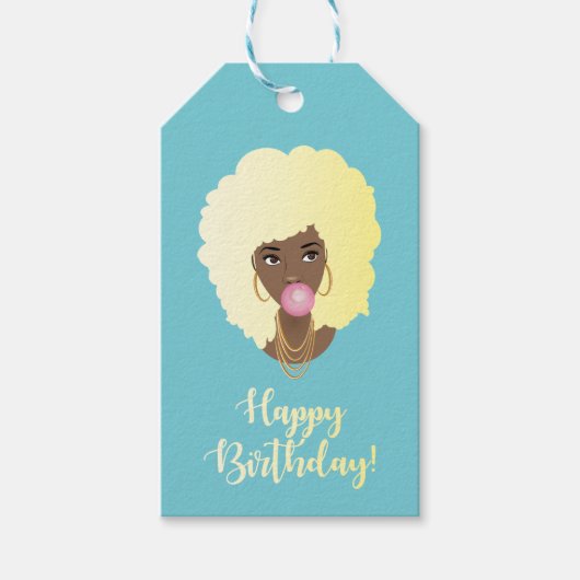 Gefeliciteerd! Zwart Vrouw Blond Afro, Gom, Blauw Cadeaulabel (Voorkant)