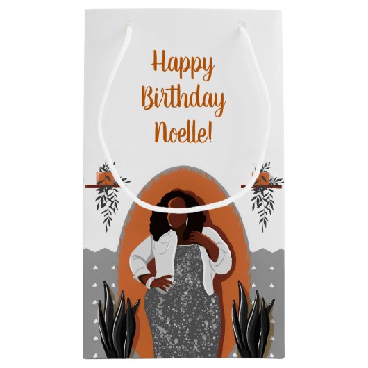 Gefeliciteerd! Zwart Vrouw, Sinaasappel & grijs Klein Cadeauzakje (Achterkant)