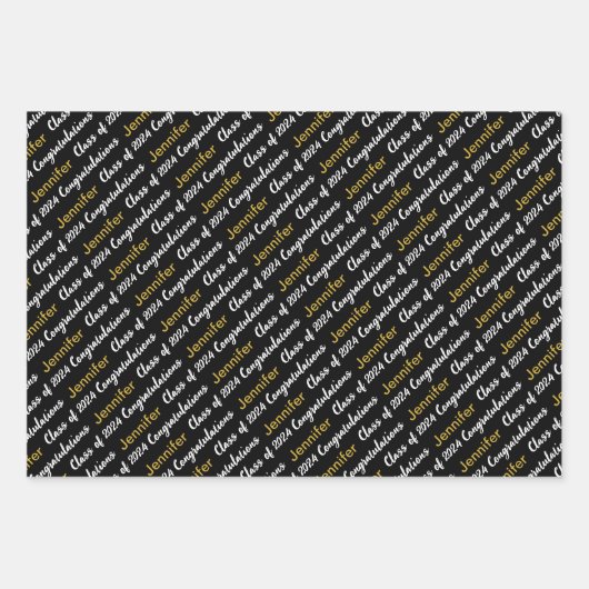 Gefeliciteerd Zwart Wit Goud Naam Klasse 2024 Inpakpapier Vel (Voorkant)