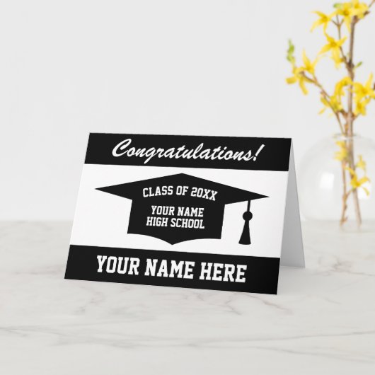 Gefeliciteerd zwart-wit school afstuderen kaart (Gele Bloem)