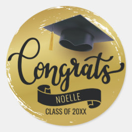 Gefeliciteerd, zwarte afdichting, naam, goud ronde sticker