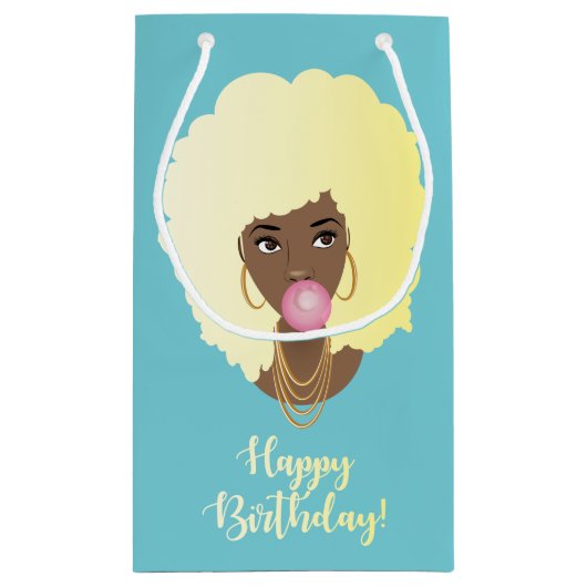 Gefeliciteerd! Zwarte Vrouw Blond Afro, Bubblegum Klein Cadeauzakje (Achterkant)