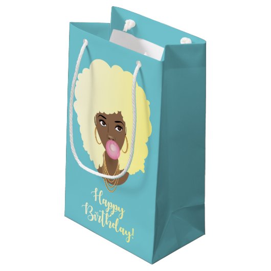 Gefeliciteerd! Zwarte Vrouw Blond Afro, Bubblegum Klein Cadeauzakje (Achterkant Gekanteld)