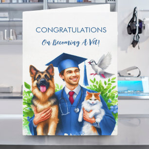 Gefeliciteerde dierenarts met honden en kat kaart