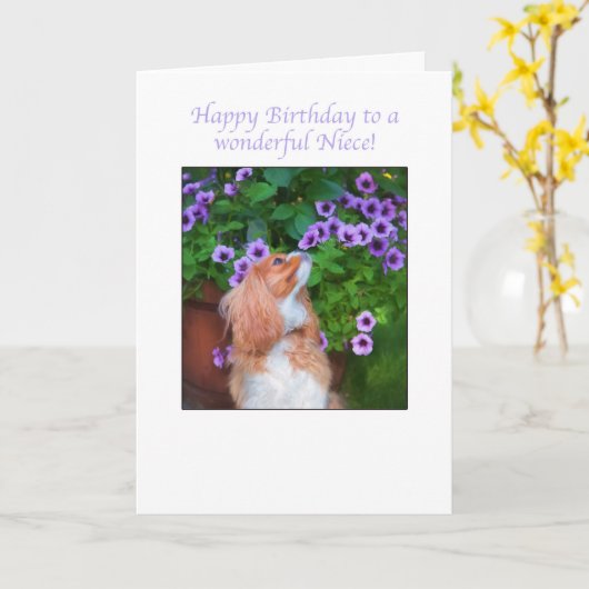 Gefeliciteerde Neece Cavalier King Charles Hondje Kaart (Gele Bloem)