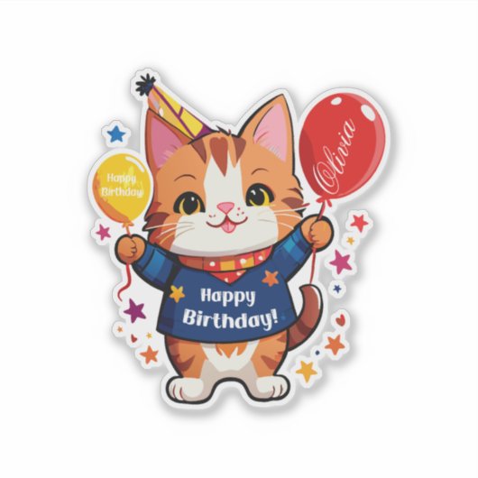 Gefeliciteerde Verjaardag Kat Met Rode Ballon Sticker (Voorkant)