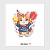 Gefeliciteerde Verjaardag Kat Met Rode Ballon Sticker (Vel)