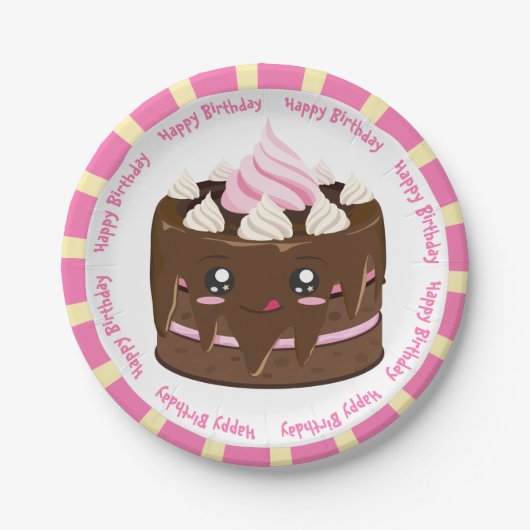 Gefeliciteerde verjaardagschocolade kawaii cake papieren bordje (Voorkant)