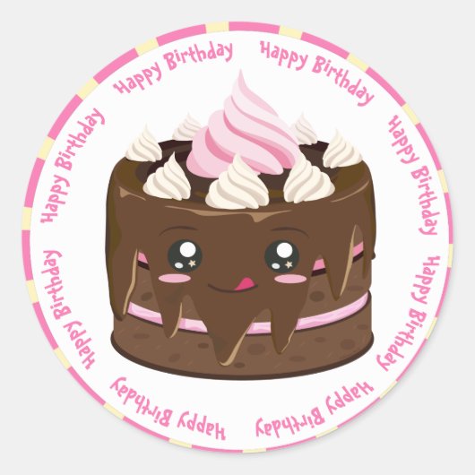 Gefeliciteerde verjaardagschocolade kawaii cake ronde sticker (Voorkant)