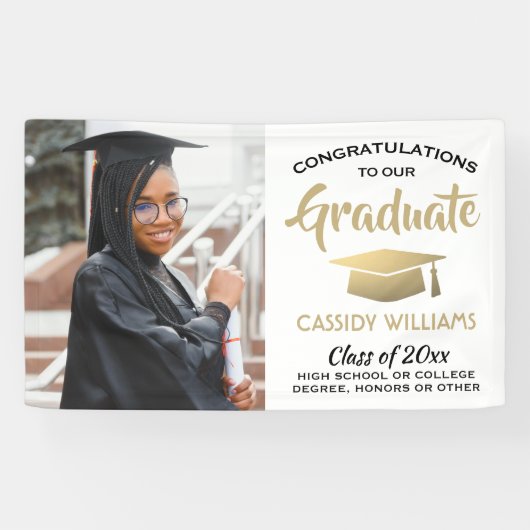 Gefiatteerd 1 Photo White Gold en Black Afstuderen Spandoek (Horizontaal)