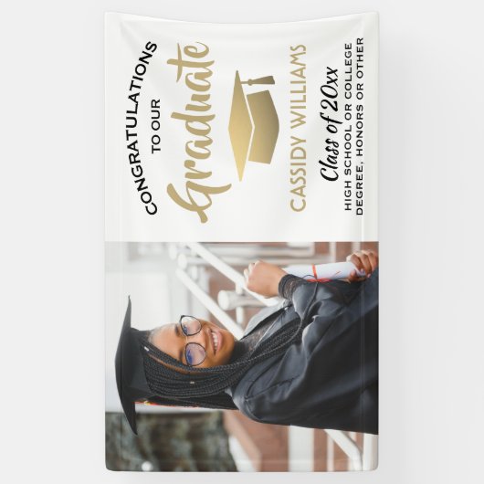 Gefiatteerd 1 Photo White Gold en Black Afstuderen Spandoek (Verticaal)